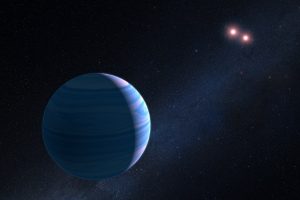 This artist’s impression shows a gas giant planet circling the two red dwarf stars in the system OGLE-2007-BLG-349, located 8 000 light-years away. The planet — with a mass similar to Saturn — orbits the two stars at a distance of roughly 480 million kilometres. The two red dwarf stars are a mere 11 million kilometres apart. The artist's impression is based on observations made with Hubble that helped astronomers confirm the existence of a planet orbiting The two stars in the system. The system is too far away for Hubble to take an image of the planet. Instead, its presence was inferred from gravitational microlensing. This phenomenon occurs when the gravity of a foreground star bends and amplifies the light of a background star that momentarily aligns with it. The particular character of the light magnification can reveal clues to the nature of the foreground star and any associated planets. The Hubble observations represent the first time such a three-body system has been confirmed using the gravitational microlensing technique.