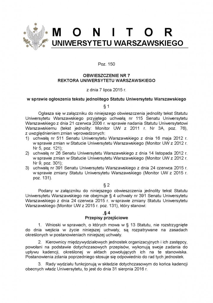 Rozporządzenie O Nadzorze Pedagogicznym 2015 Tekst Jednolity Tekst jednolity Statutu | Uniwersytet Warszawski