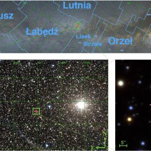 Mapa nieba z różnym polem widzenia (powiększeniem). Na górze widok na całą północną część Drogi Mlecznej, poniżej po lewej powiększenie tego obszaru widoczne przez lornetkę lub mały teleskop, po prawej na dole widok na obserwowaną gwiazdę z teleskopu o średnicy 1.8m. Autorzy: Łukasz Wyrzykowski i Mariusz Gromadzki (OA UW).