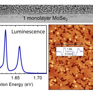 Od góry - przekrój przez monowarstwę dwuwymiarowego materiału – diseleneku molibdenu (MoSe2) wyhodowanego metodą epitaksji z wiązek molekularnych na podłożu z azotku boru. Po lewej – widmo fotoluminescencji z wąskimi rezonansami ekscytonowymi świadczącymi o wysokiej jakości optycznej warstwy. Po prawej – widok z góry uzyskany przy pomocy mikroskopu sił atomowych (AFM), na którym widać, że większość powierzchni to monowarstwa, z małymi plamkami dwuwarstwy, i małymi obszarami nieprzykrytego podłoża hBN. Źródło: Wydział Fizyki UW.