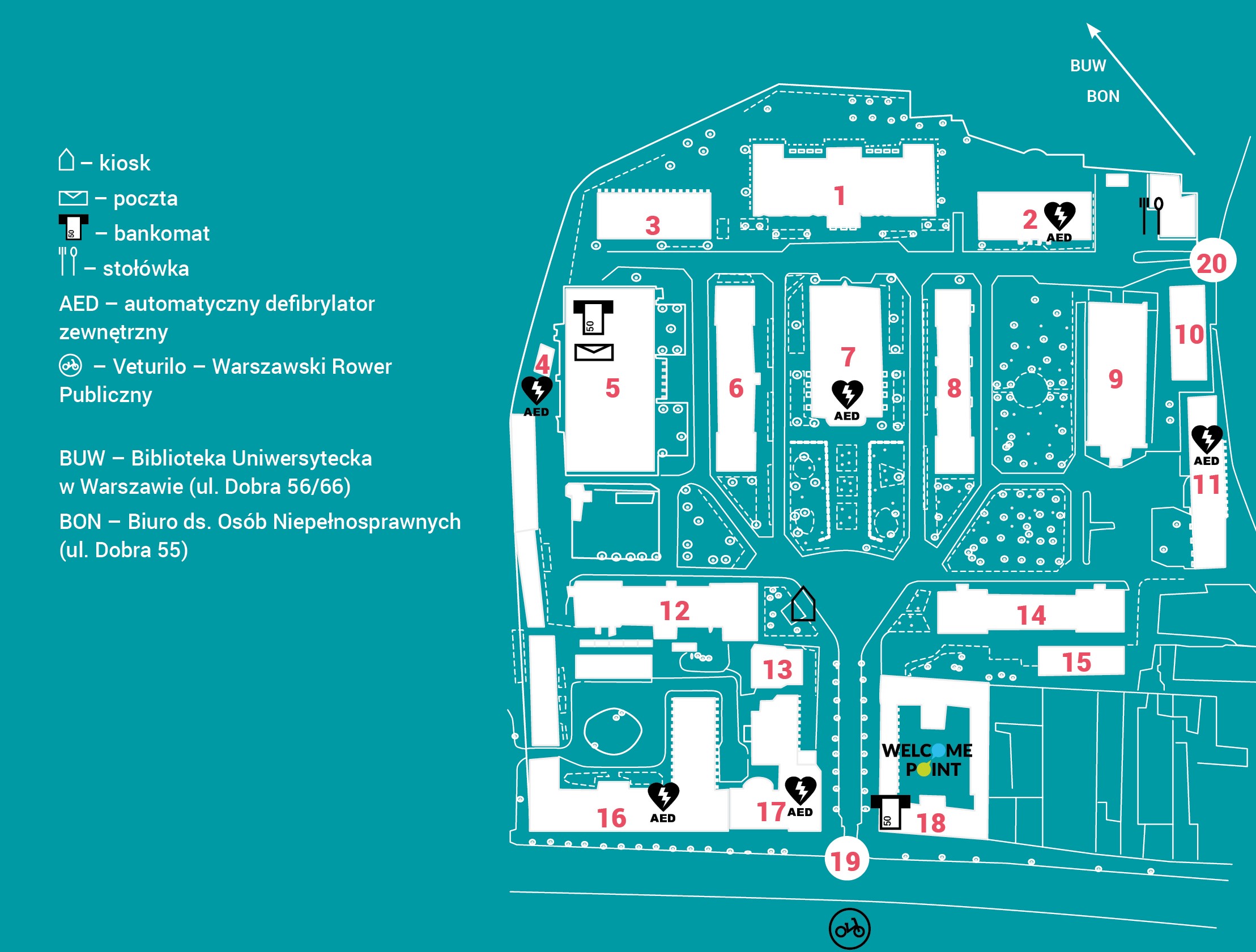 Mapa rozmieszczenia budynków na terenie kampusu UW przy Krakowskim Przedmieściu 26/28 - kliknij aby powiększyć. Mapę w formie dotykowej można zamówić w Biurze ds. Osób Niepełnosprawnych UW.