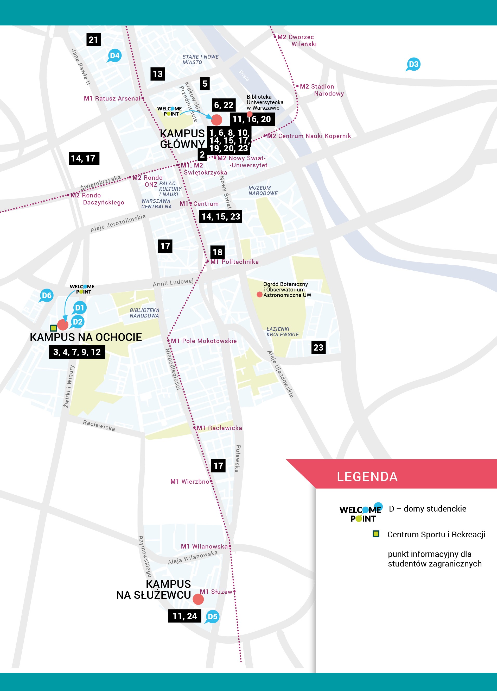 Mapa rozmieszczenia budynków UW na terenie Warszawy - kliknij aby powiększyć. Mapę w formie dotykowej można zamówić w Biurze ds. Osób Niepełnosprawnych UW.
