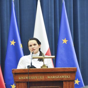 Swiatłana Cichanouska podczas wizyty na UW, 9 września 2020 r.