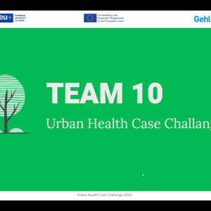 Prezentacja zespołu UW podczas finału Urban Health Case Challenge. Spotkanie online. Organizator: School of Global Health i Sojusz 4EU+.