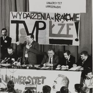 Lech Wałęsa na Uniwersytecie Warszawskim, 1.03.1989, ze zbiorów Muzeum UW