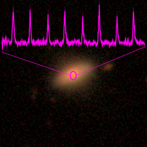Zdjęcie w zakresie optycznym drugiej galaktyki, w której odkryte zostały pseudo-okresowe erupcje podczas przeglądu nieba realizowanego przez teleskop rentgenowski eROSITA. Różowym kolorem narysowana jest rentgenowska krzywa blasku uzyskana teleskopem XMM-Newton. Galaktyka oznaczona jest jako 2MASX J02344872-4419325, a jej przesunięcie ku podczerwieni wynosi z~0.02. Obserwowane impulsy są znacznie węższe niż w przypadku pierwszego źródła. Okres wynosi około 2.4 godziny. Źródło: MPE; zdjęcie galaktyki: DESI Legacy Imaging Surveys/D. Lang (Perimeter Institute).
