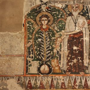 Inskrypcja kommemoratywna opata Makarego napisana w wersji koptyjskiej i syriackiej, z towarzyszącym przedstawieniem świętego Makarego. Fot. Karel Innemée.
