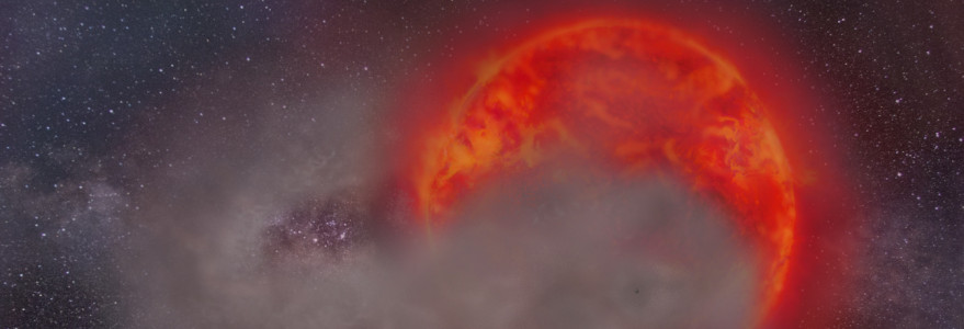 Wizja artystyczna czerwonego olbrzyma zaćmiewanego przez chmurę pyłu otaczającą małomasywnego towarzysza gwiazdy. Autorka: Matylda Soszyńska.