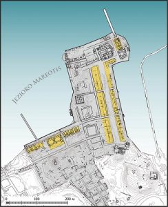 Plan Marei z zaznaczeniem budynków modułowych (kolor żółty) i zasięgu zwartej zabudowy (kolor szary), rys. Andrzej B. Kutiak, Wiesław Małkowski, Mariusz Gwiazda, CAŚ UW
