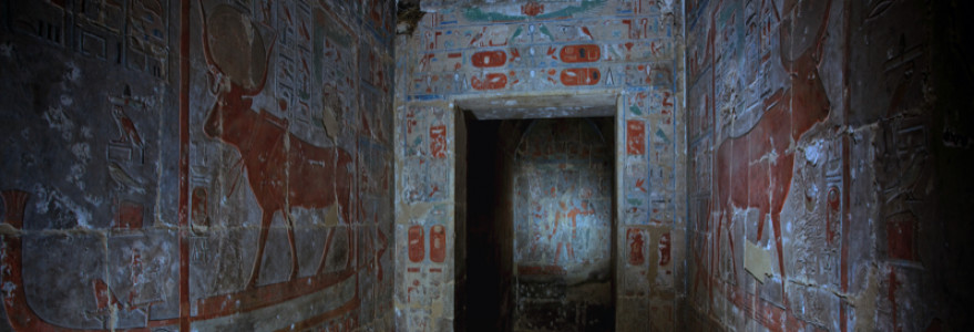 Reliefy w Kaplicy Hathor ukazujące boginię pod postacią krowy z dyskiem słonecznym pomiędzy rogami. Fot. M. Jawornicki.