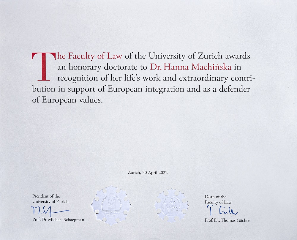 Dokument nadania tytułu doktora honoris causa Uniwersytetu w Zurychu.