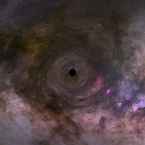 Obraz tła Drogi Mlecznej zakłócony przez grawitację wędrującej czarnej dziury. Czarna dziura na skutek swej ogromnej grawitacji zakrzywia wokół siebie przestrzeń, co powoduje zniekształcenia obrazów znajdujących się za nią gwiazd tła. Źródło: NASA, STScI, obraz: FECYT, IAC.