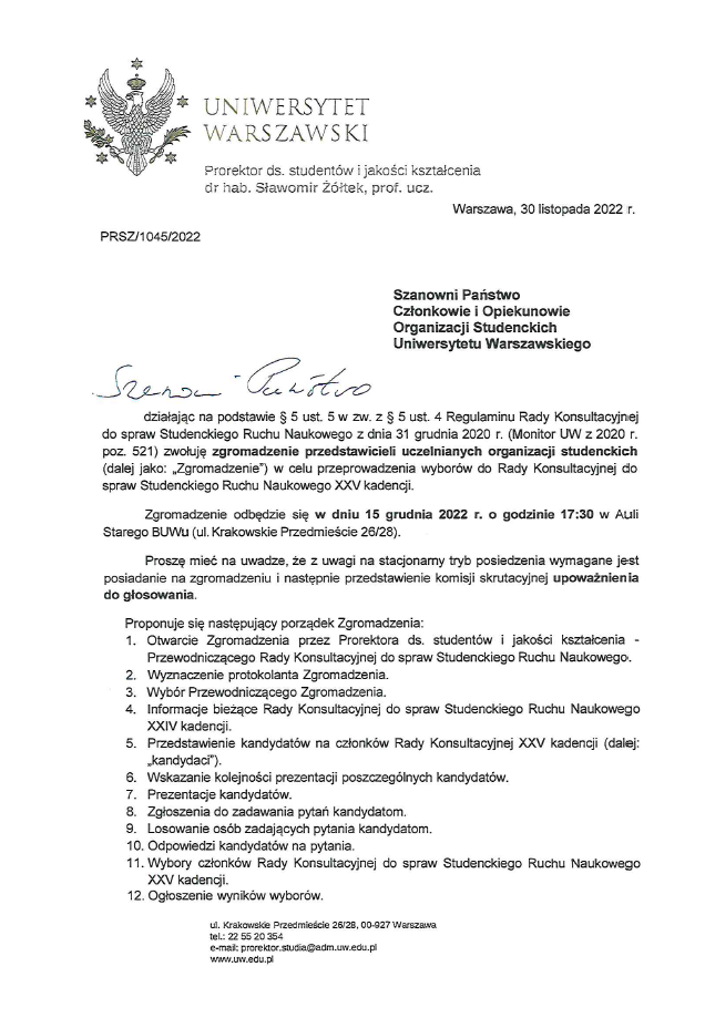 Pismo prof. Sławomira Żółtka, prorektora UW ds. studentów i jakości kształcenia, w sprawie zwołania zgromadzenia przedstawicieli uczelnianych organizacji studenckich w celu przeprowadzenia wyborów do rady konsultacyjnej 