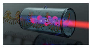 Wizja artystyczna komórki z atomami rydbergowskimi konwertującymi padającą mikrofalę na wiązkę optyczną. Źródło: Mateusz Mazelanik/UW