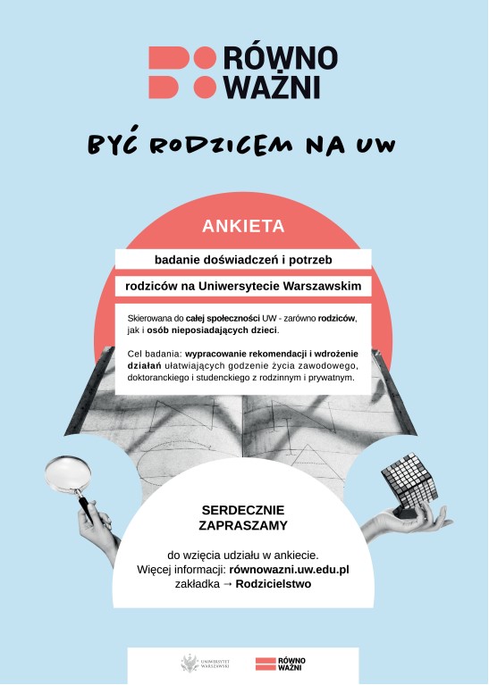  Plakat promujący ogólnouniwersyteckie badania „Być rodzicem na UW”