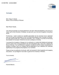 List przewodniczącej Parlamentu Europejskiego do rektora UW
