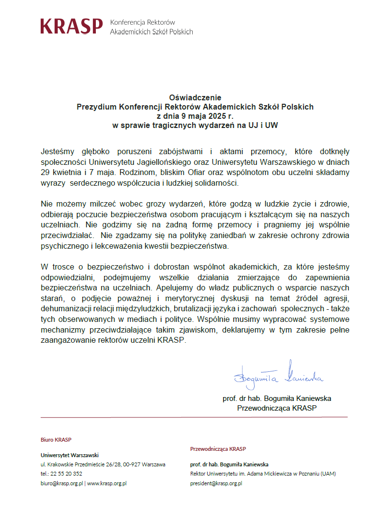 Oświadczenie Prezydium KRASP w sprawie tragicznych wydarzeń na UJ i UW