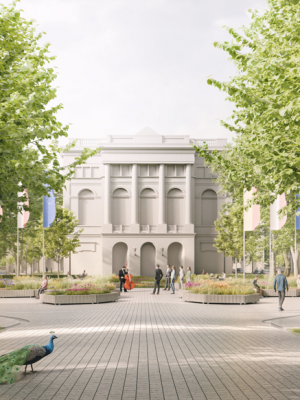 Wizualizacja koncepcji Kampusu Centralnego UW. Autorzy: „Pracownia Architektoniczna 1997 sp. z o.o”, „Gąska Wojcieszak Pracownia Architektoniczna Sp. z o. o”.
