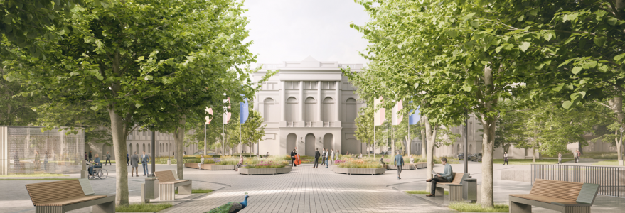 Wizualizacja koncepcji Kampusu Centralnego UW. Autorzy: „Pracownia Architektoniczna 1997 sp. z o.o”, „Gąska Wojcieszak Pracownia Architektoniczna Sp. z o. o”.