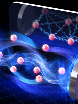 Wizualizacja atomów we wnęce optycznej oddziałujących ze sobą oraz jednocześnie ze światłem. (Źródło: Yao Wang, Emory University)