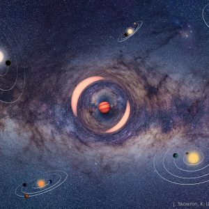 Planeta swobodna soczewkująca odległą gwiazdę z centrum Galaktyki. Dwa wzmocnione obrazy soczewkowanej gwiazdy otaczają pierścień Einsteina zjawiska. Wszystkie znane dotychczas planety są grawitacyjnie związane ze swoimi macierzystymi gwiazdami i krążą wokół nich. © J. Skowron, K. Ulaczyk / OGLE